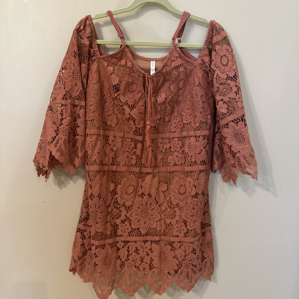 Chic Lace Cold Shoulder Blouse - Terracotta